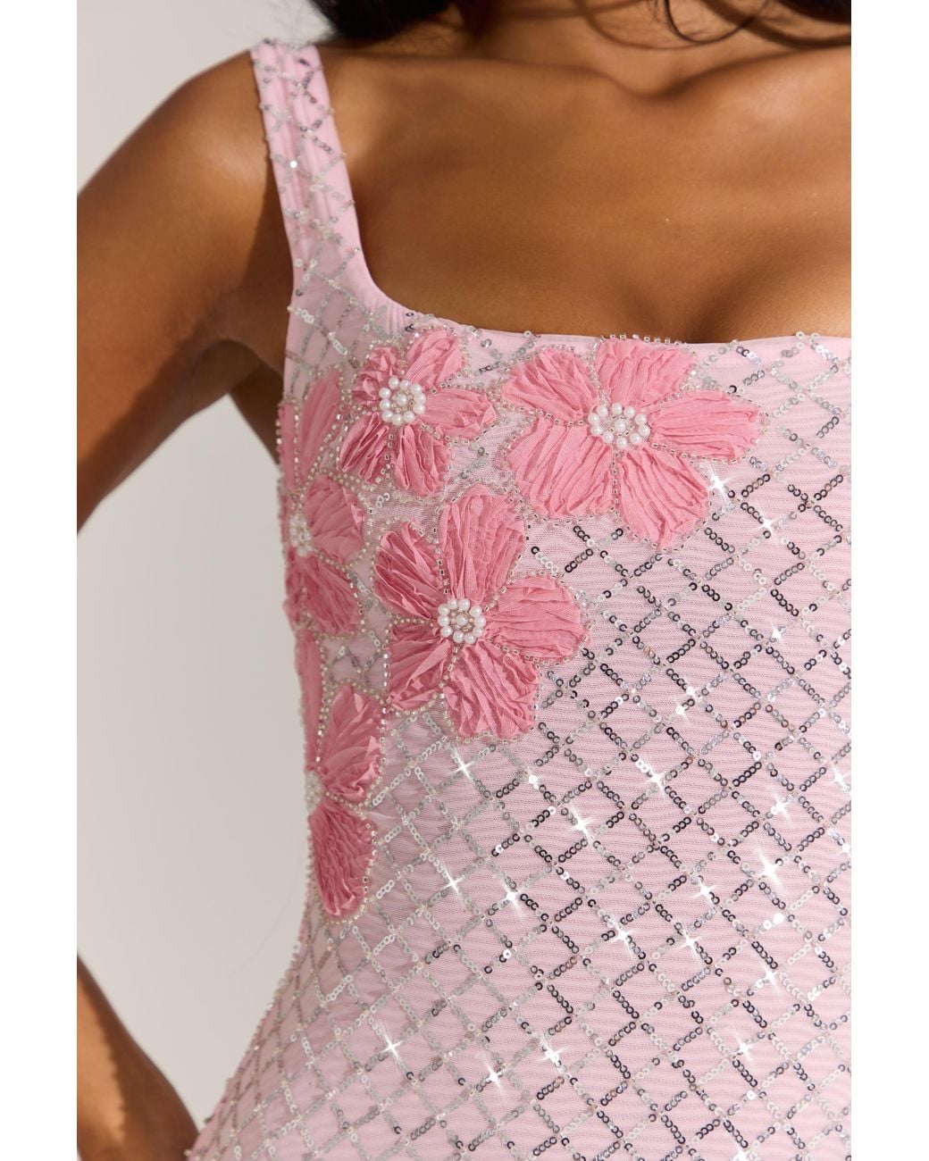 Oh Polly Pink Embellished Square-Neck Mini Dress