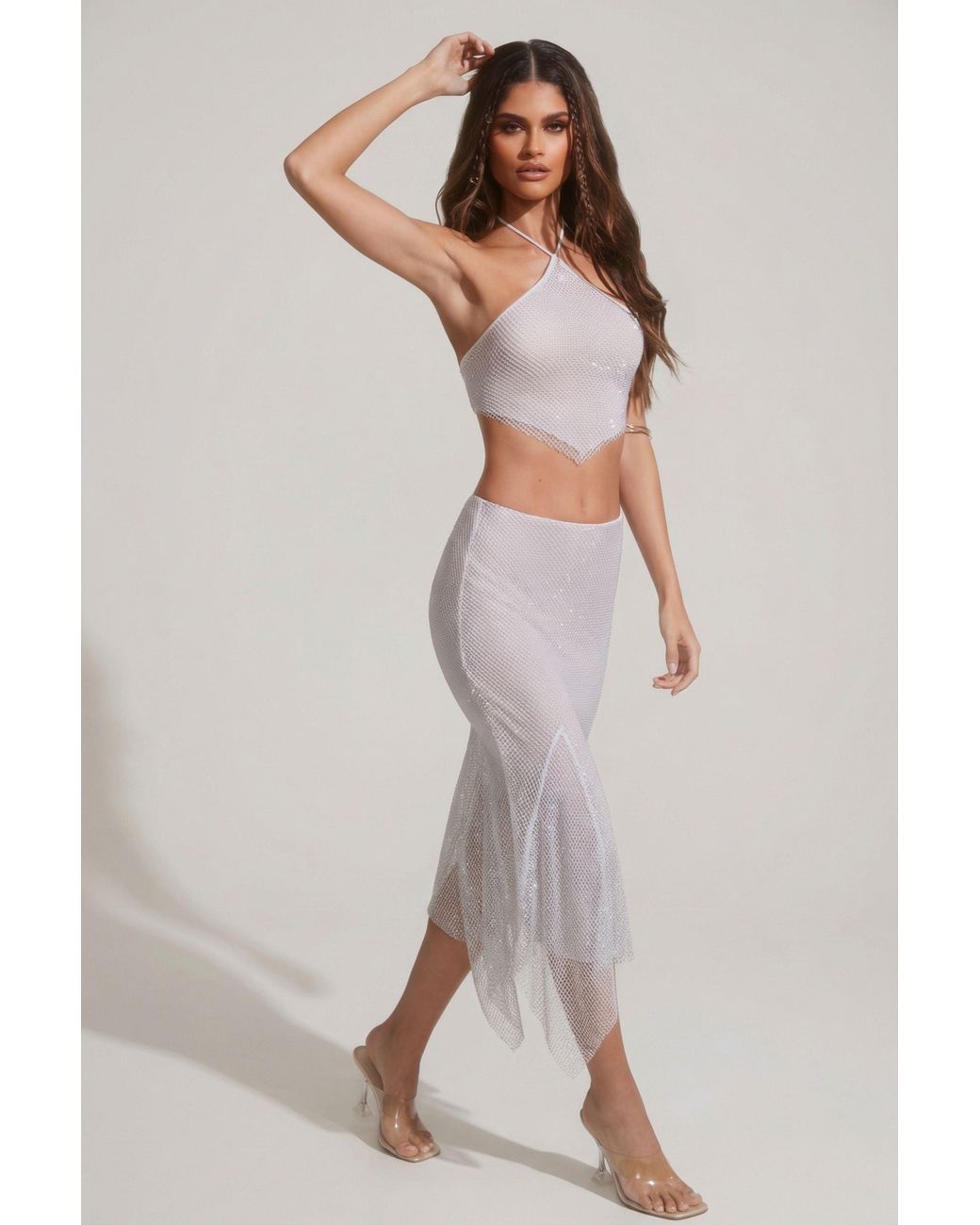 Oh Polly Metallic Embellished Handkerchief Hem Midaxi Skirt