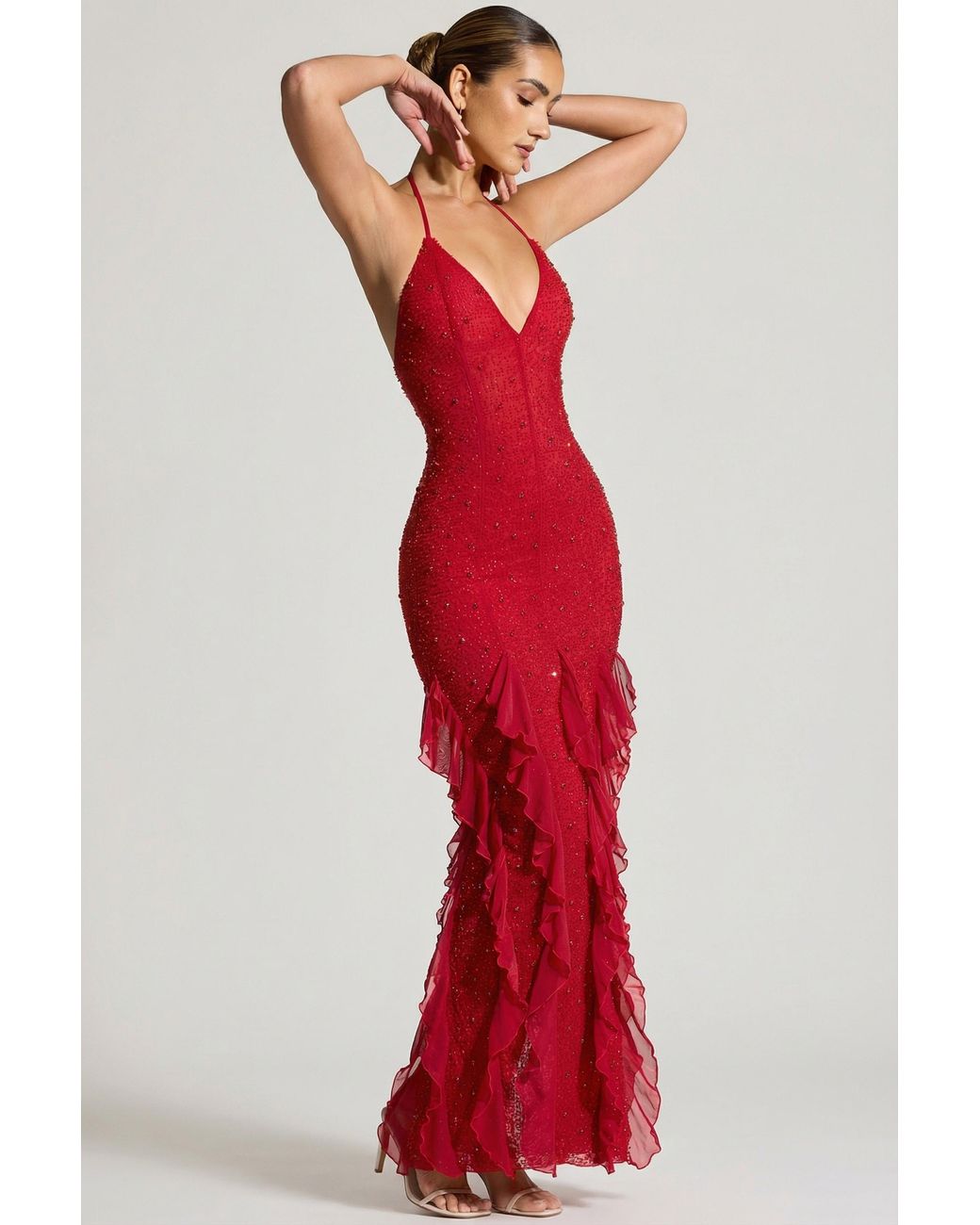Oh Polly Red Embellished Halter Neck Ruffle Maxi Dress
