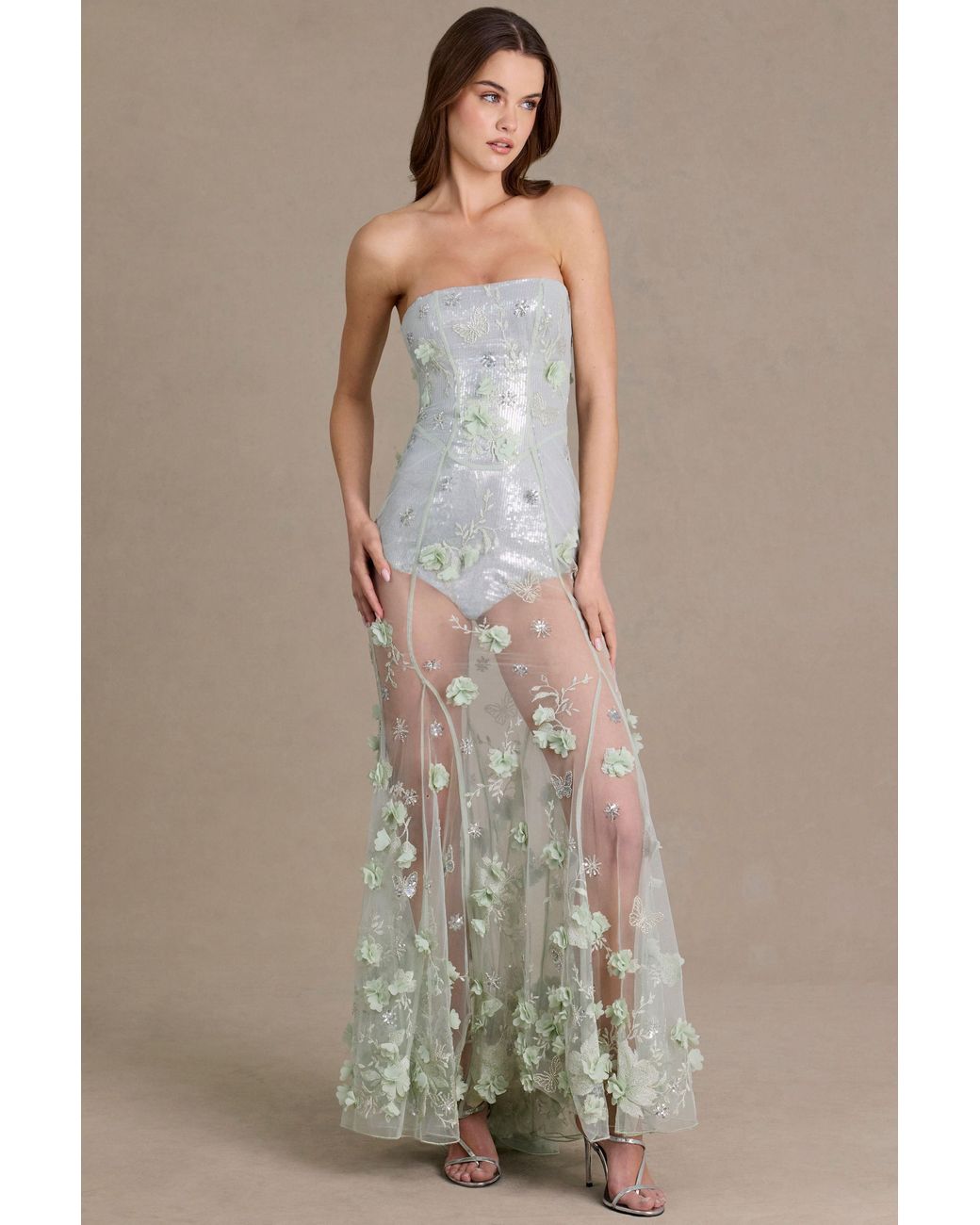 Oh Polly Green Embellished Tulle Corset Gown