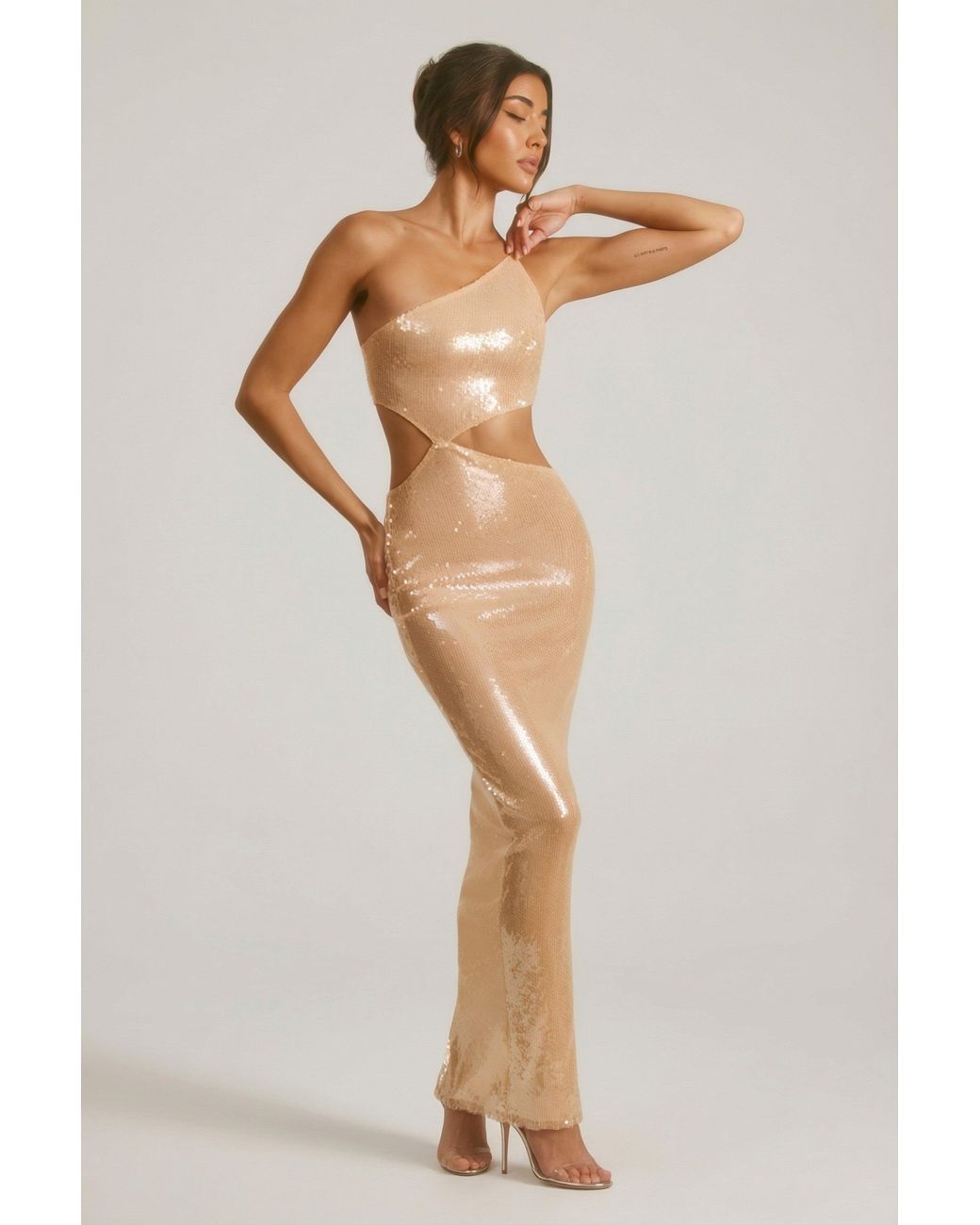 Oh Polly Natural Sheer Sequin One Shoulder Cut Out Maxi Dress