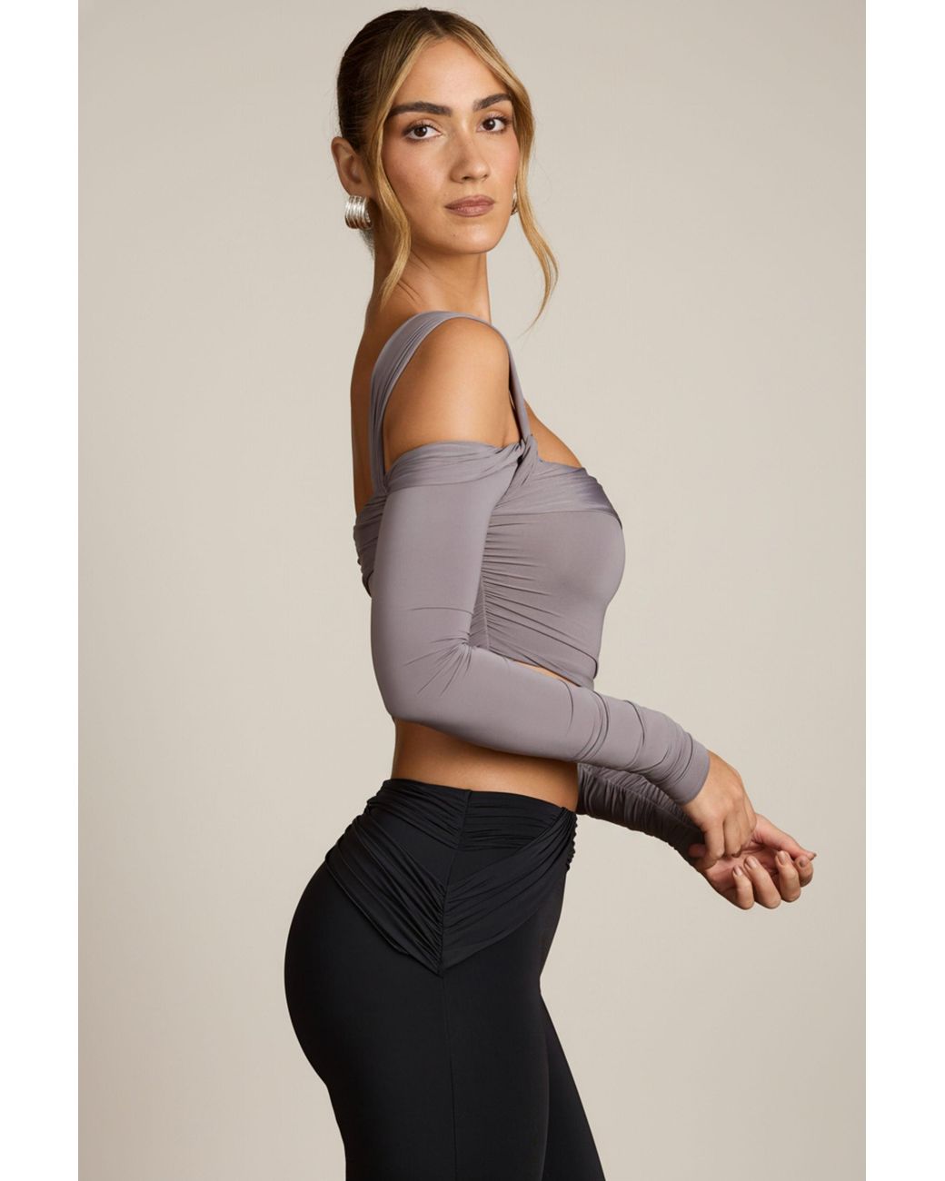 Oh Polly Gray Asymmetric Off-Shoulder Draped Top