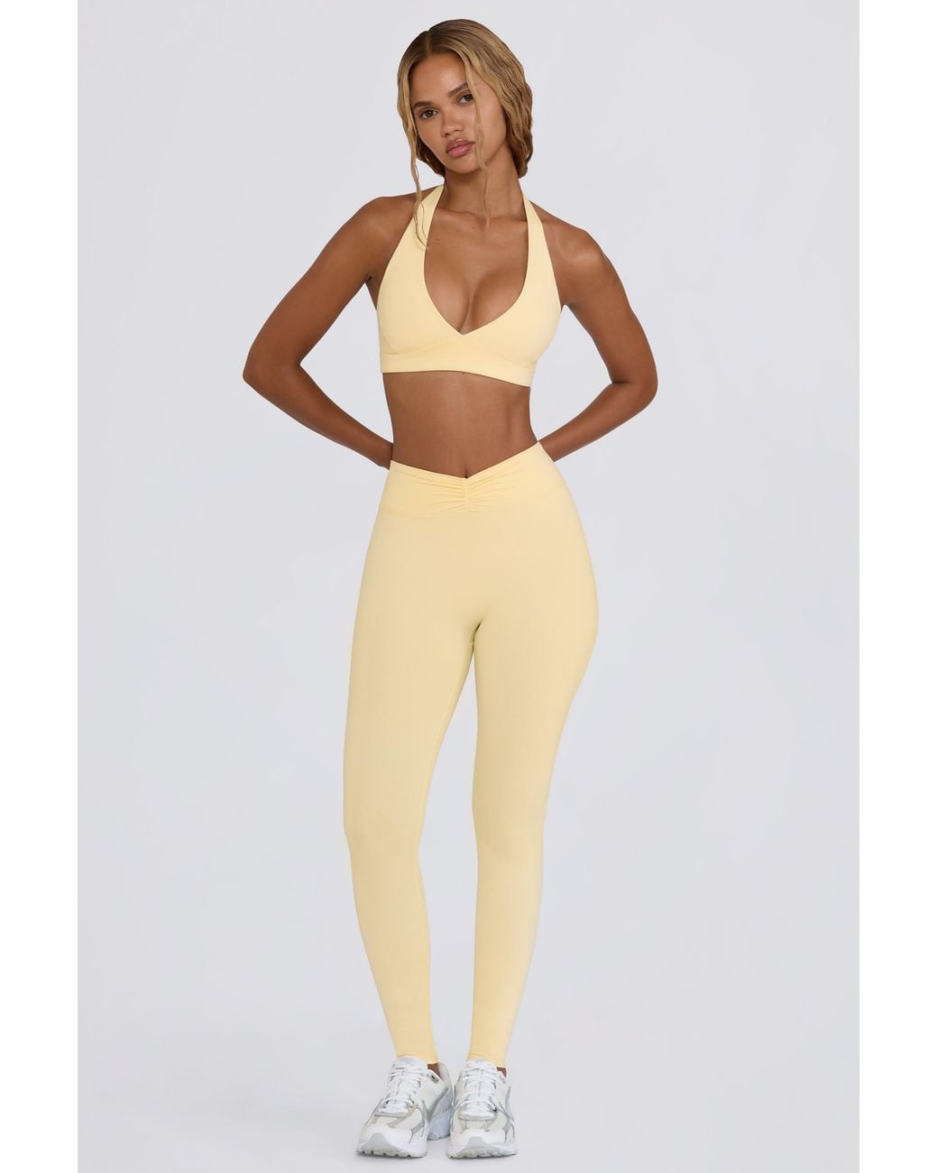 BO+TEE Yellow Brushed Jersey Ruched Mid-Rise Leggings