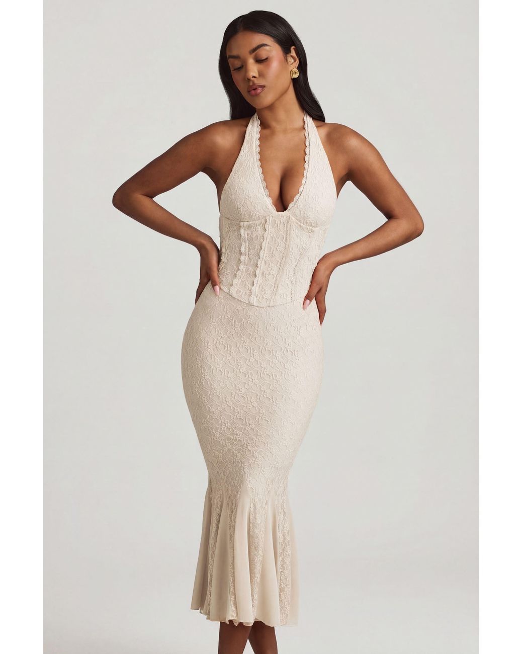 Oh Polly Natural Halterneck Corset Lace Midaxi Dress