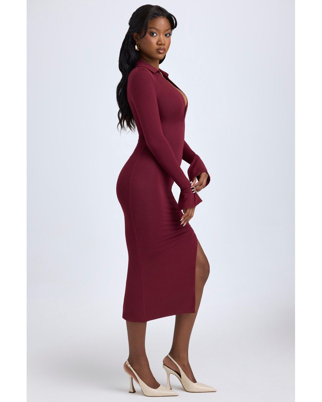 Oh Polly Red Modal Plunge V-Neck Midaxi Dress