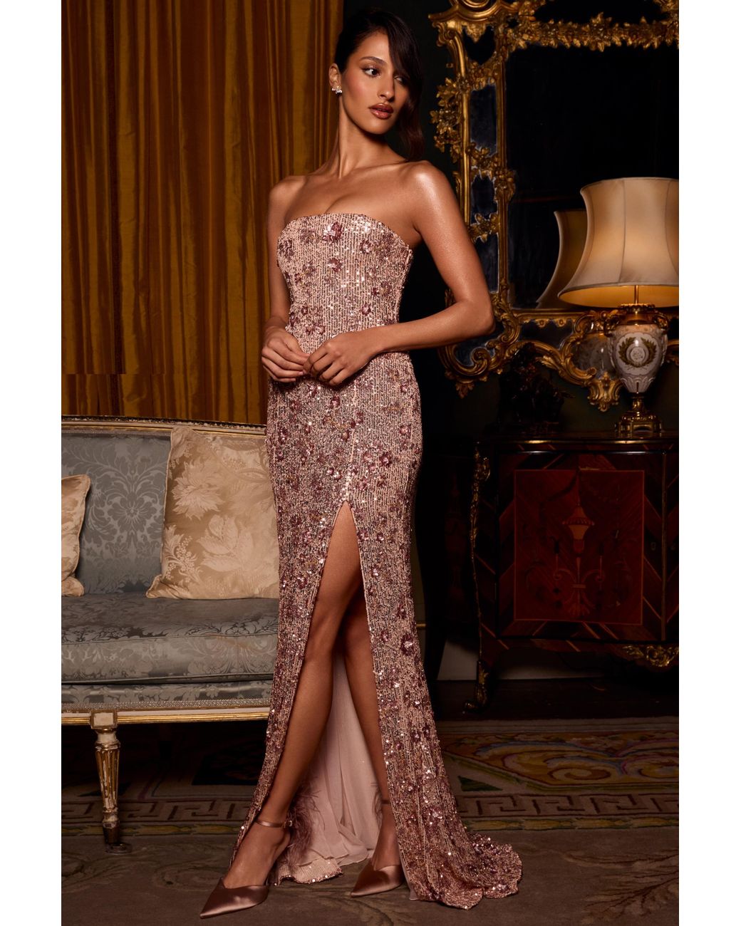 Oh Polly Natural Embellished Bandeau-Neck Strapless Gown