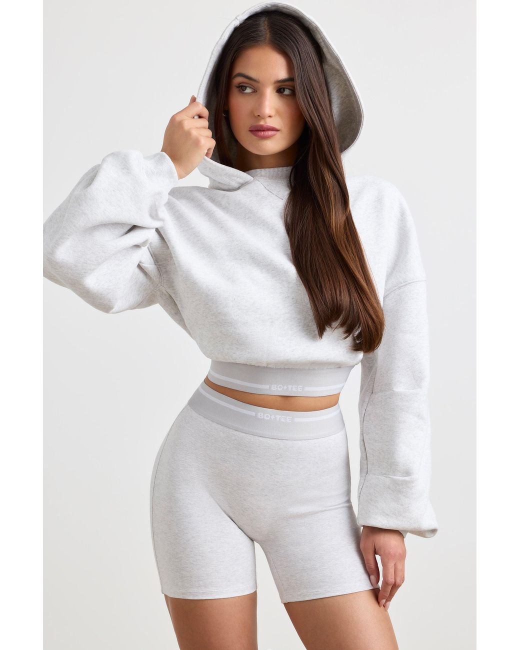 BO+TEE Gray Stretch Cotton Fleece Cropped Hoodie
