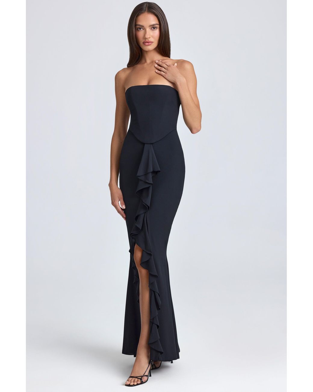 Oh Polly Black Bandeau Ruffle-Trim Corset Gown