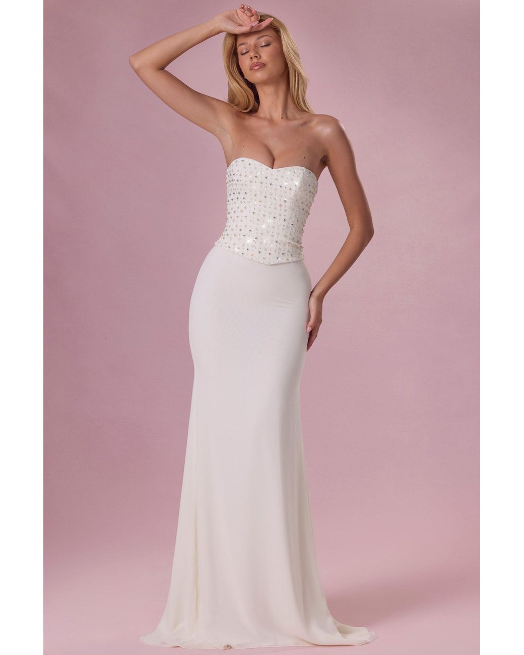Oh Polly White Embellished Corset Strapless Gown
