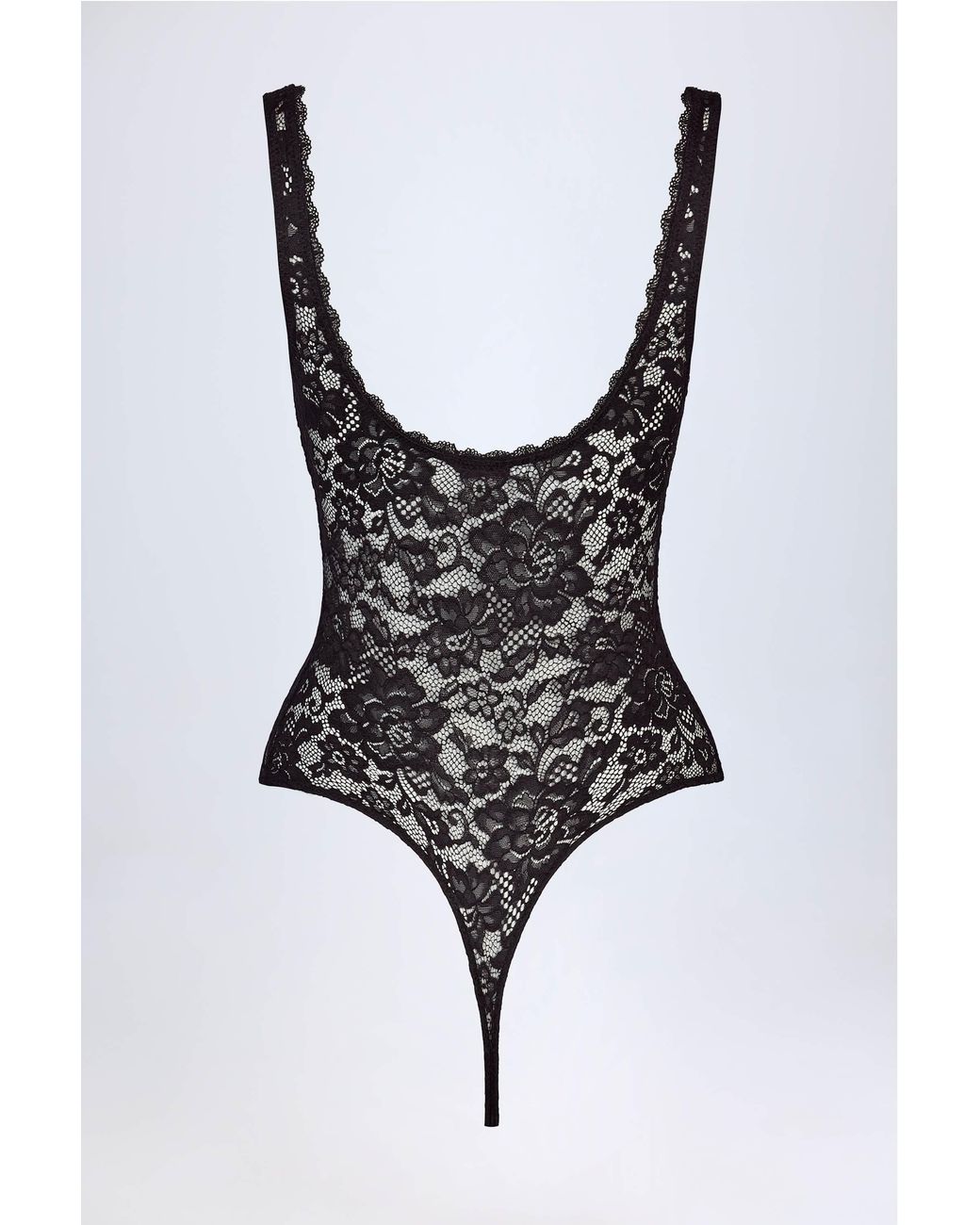 Oh Polly Black Sheer Lace Scalloped Plunge-Neck Bodysuit