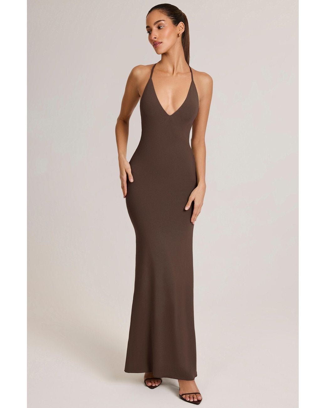 Oh Polly Brown Modal Plunge Backless Maxi Dress