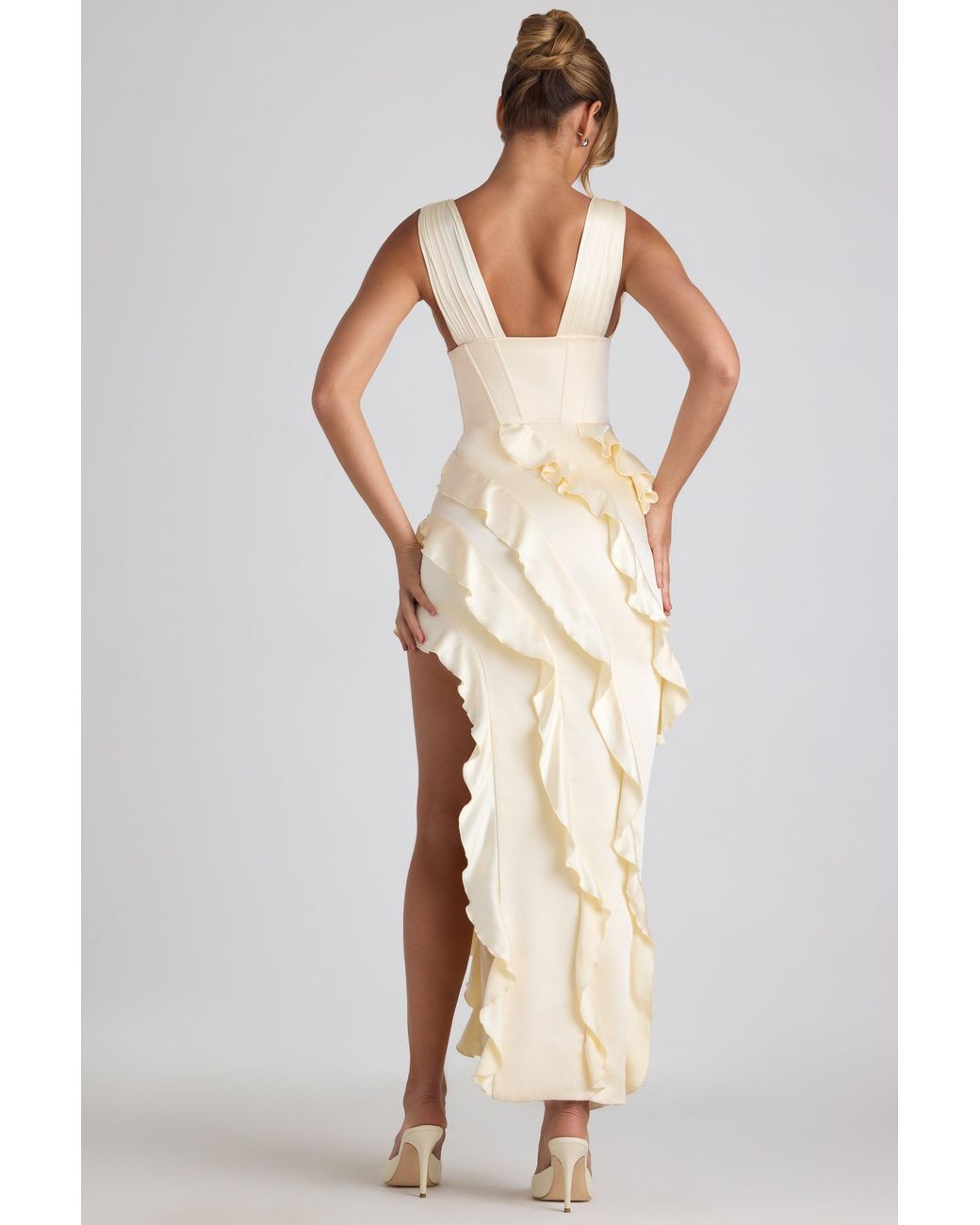 Oh Polly White Ruffle-Trim Corset Maxi Dress