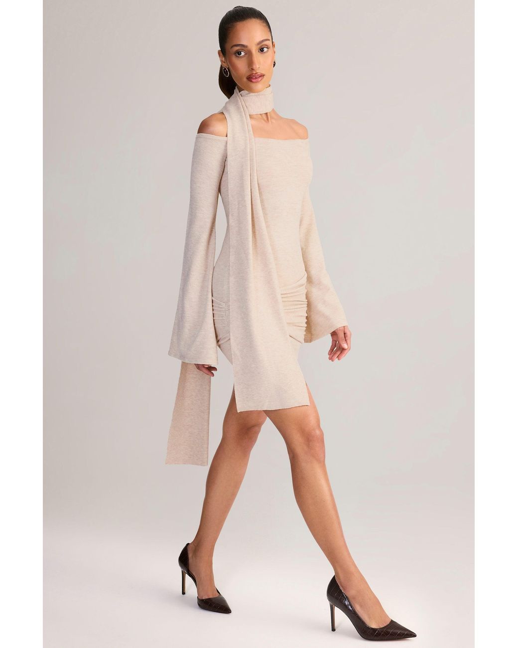 Oh Polly White Knit Scarf-Detail Off-Shoulder Mini Dress