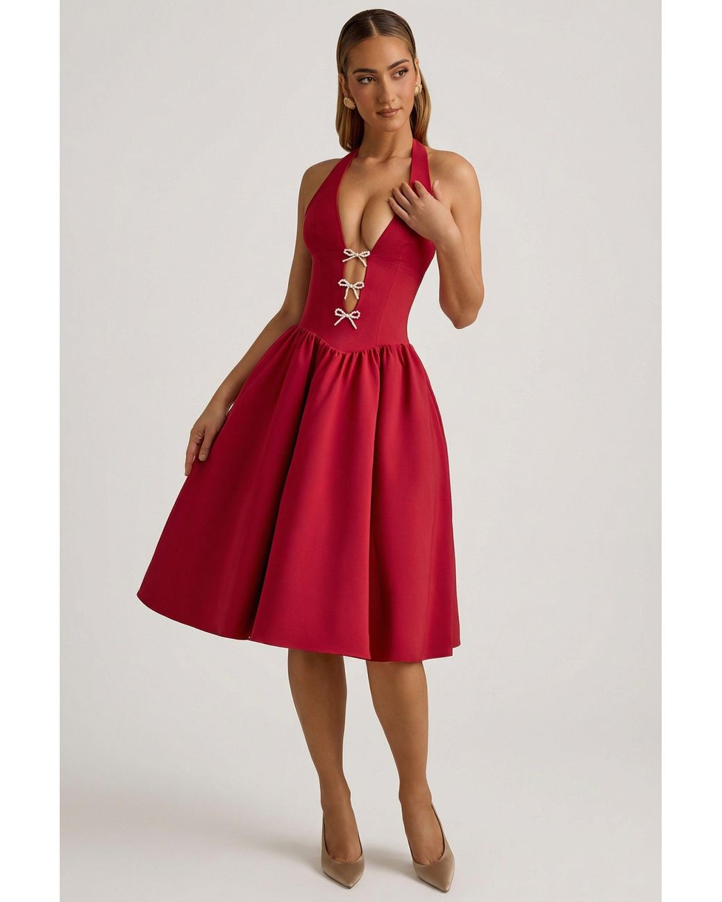 Oh Polly Red Halterneck Bow-Detail Midi Dress