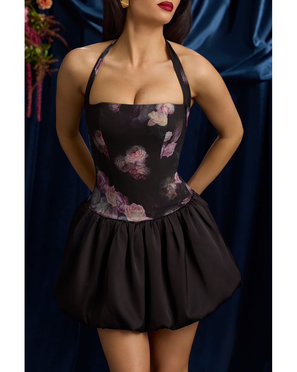 Oh Polly Multicolor Halterneck Lace-Up Bubble Hem Mini Dress