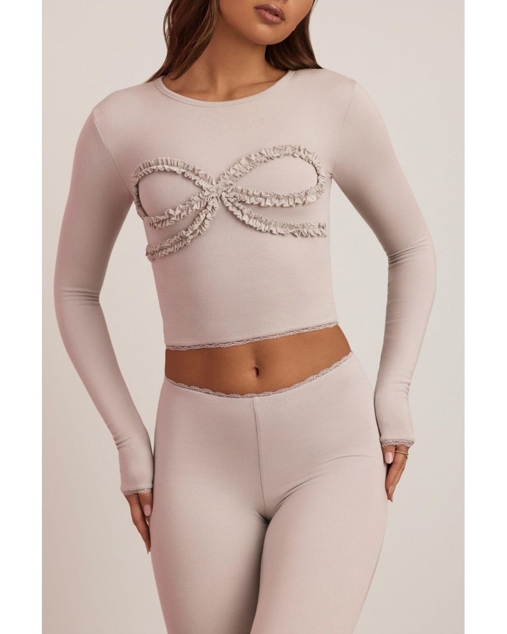 Oh Polly Gray Modal Lace-Trim Appliqué Pyjama Top