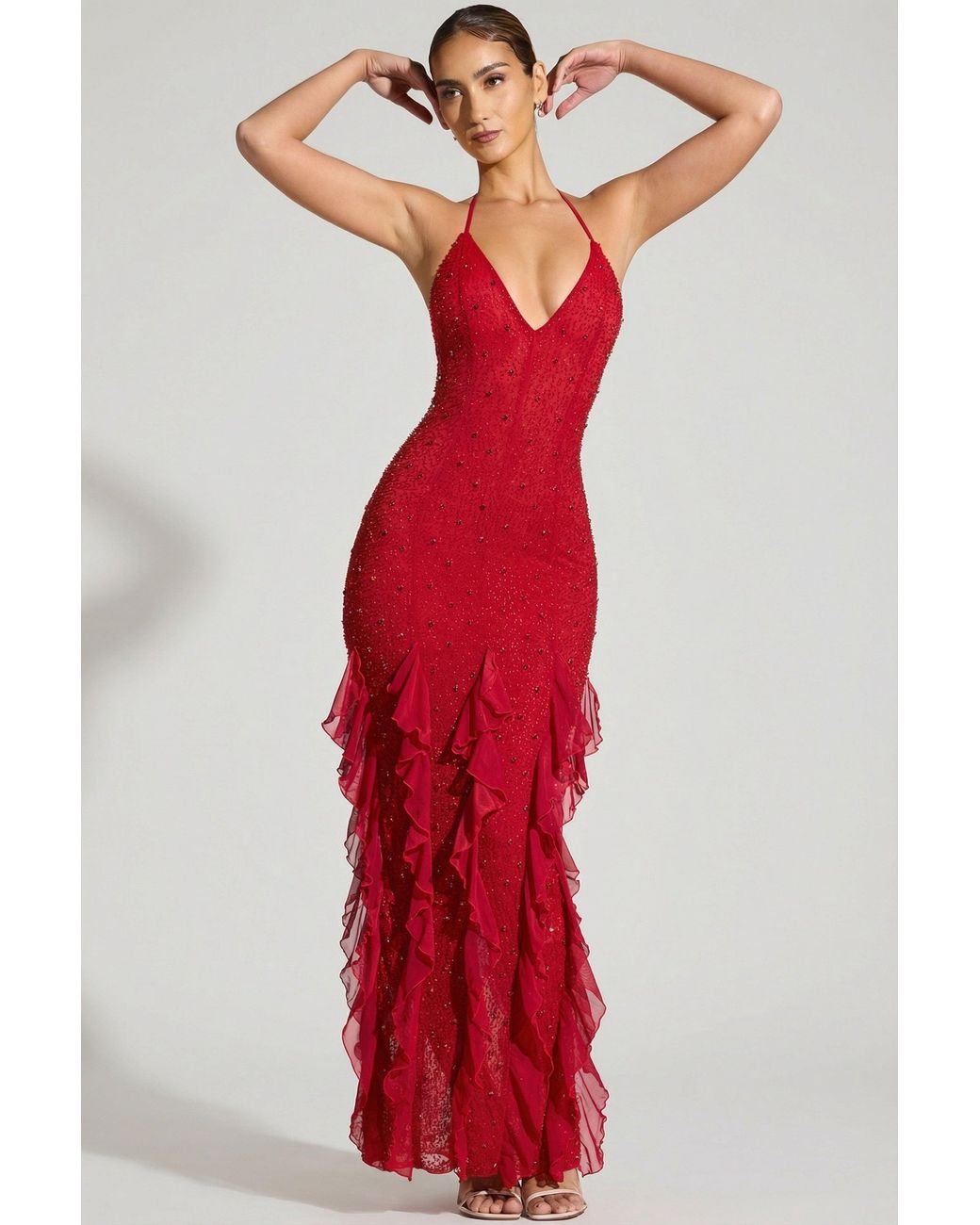 Oh Polly Red Embellished Halter Neck Ruffle Maxi Dress