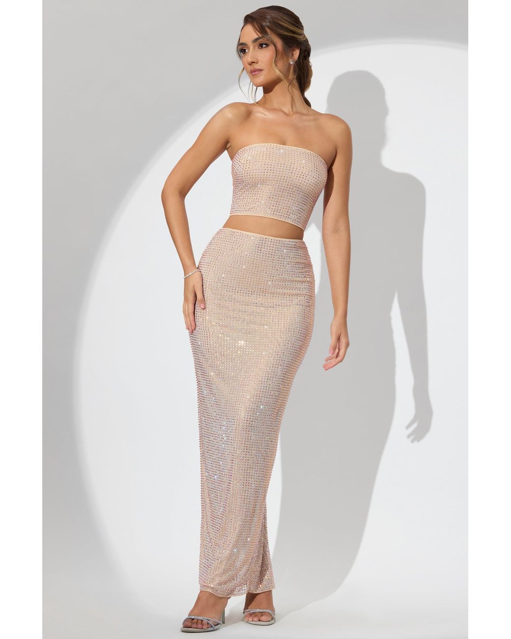 Oh Polly Natural Embellished Mid Rise Maxi Skirt