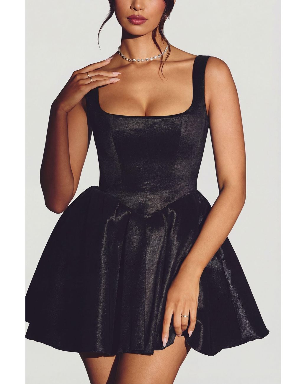 Oh Polly Black Woven Taffeta Corset Mini Dress