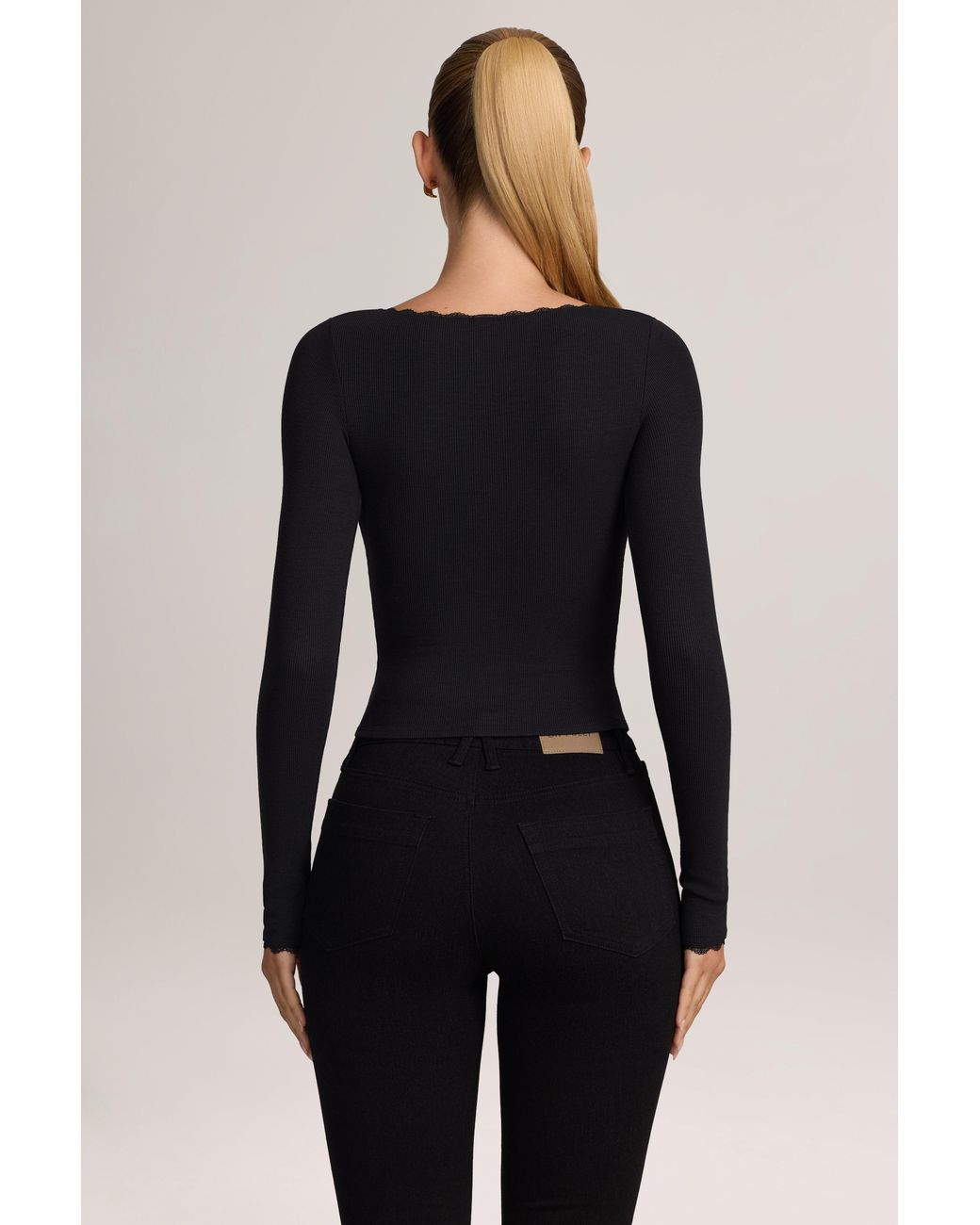 Oh Polly Black Ribbed Modal Lace-Trim Cardigan
