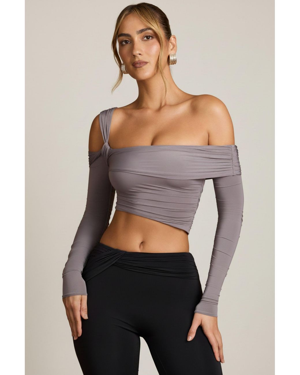 Oh Polly Gray Asymmetric Off-Shoulder Draped Top