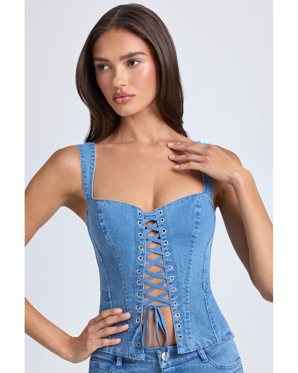 Oh Polly Blue Lace-Up Corset Top