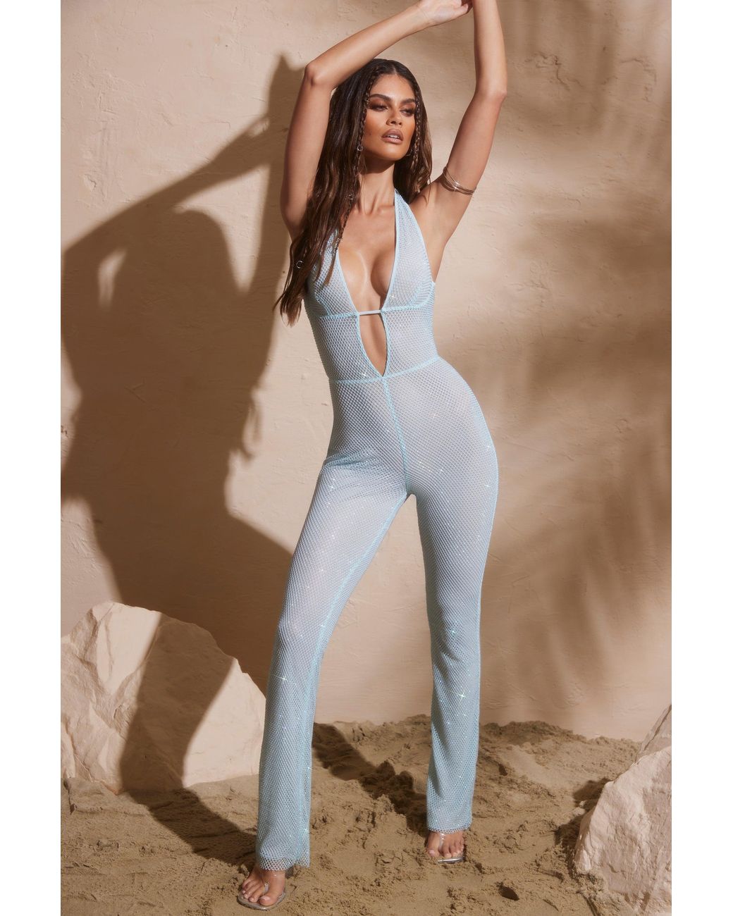 Oh Polly Blue Embellished Plunge Neck Jumpsuit