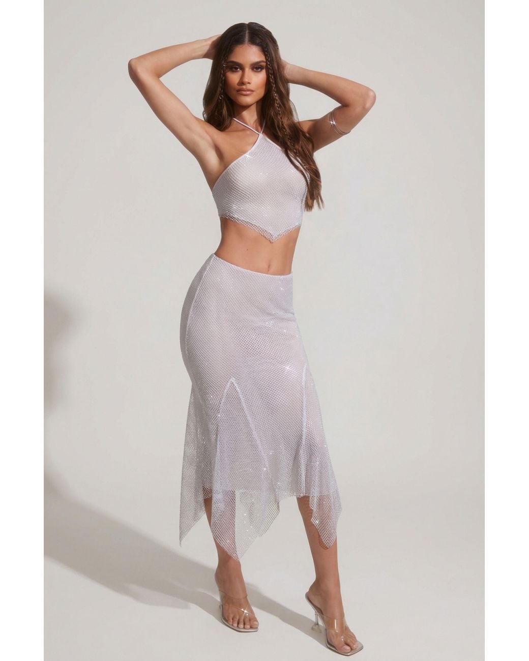 Oh Polly Metallic Embellished Handkerchief Hem Midaxi Skirt