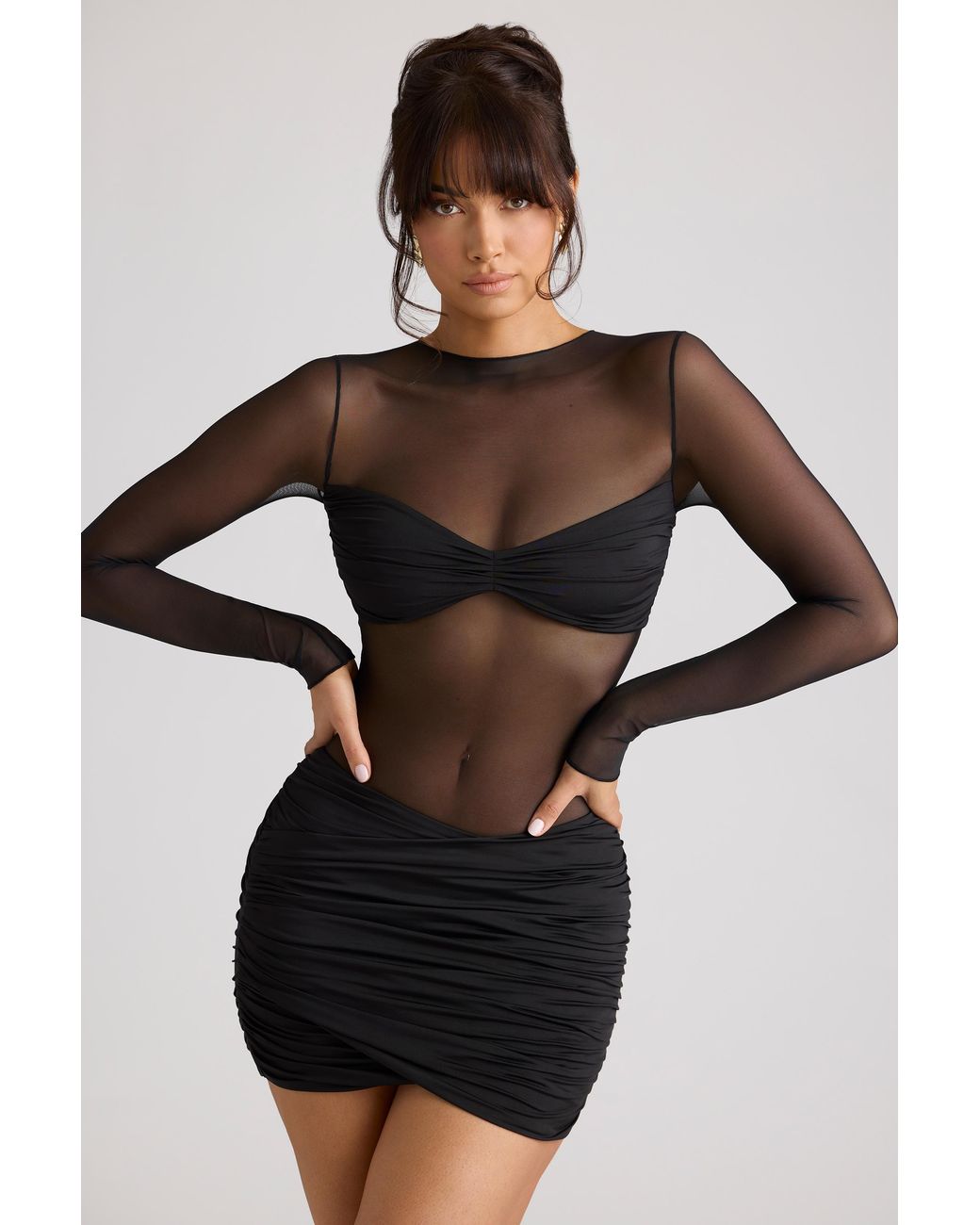 Oh Polly Black Sheer Panelled Long Sleeve Mini Dress