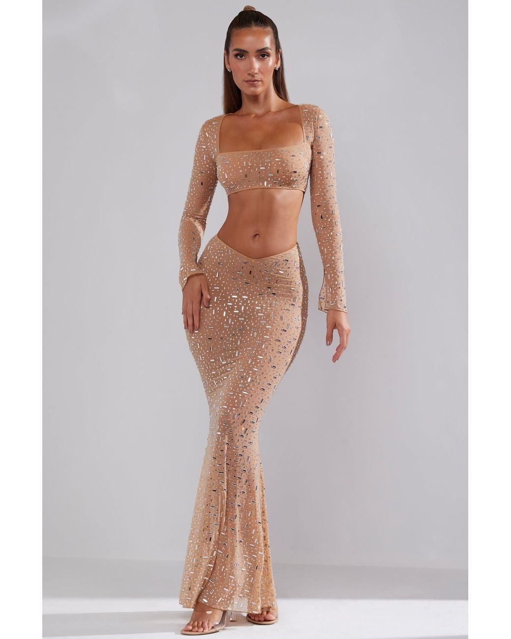 Oh Polly Natural Sheer Embellished V-Waist Maxi Skirt