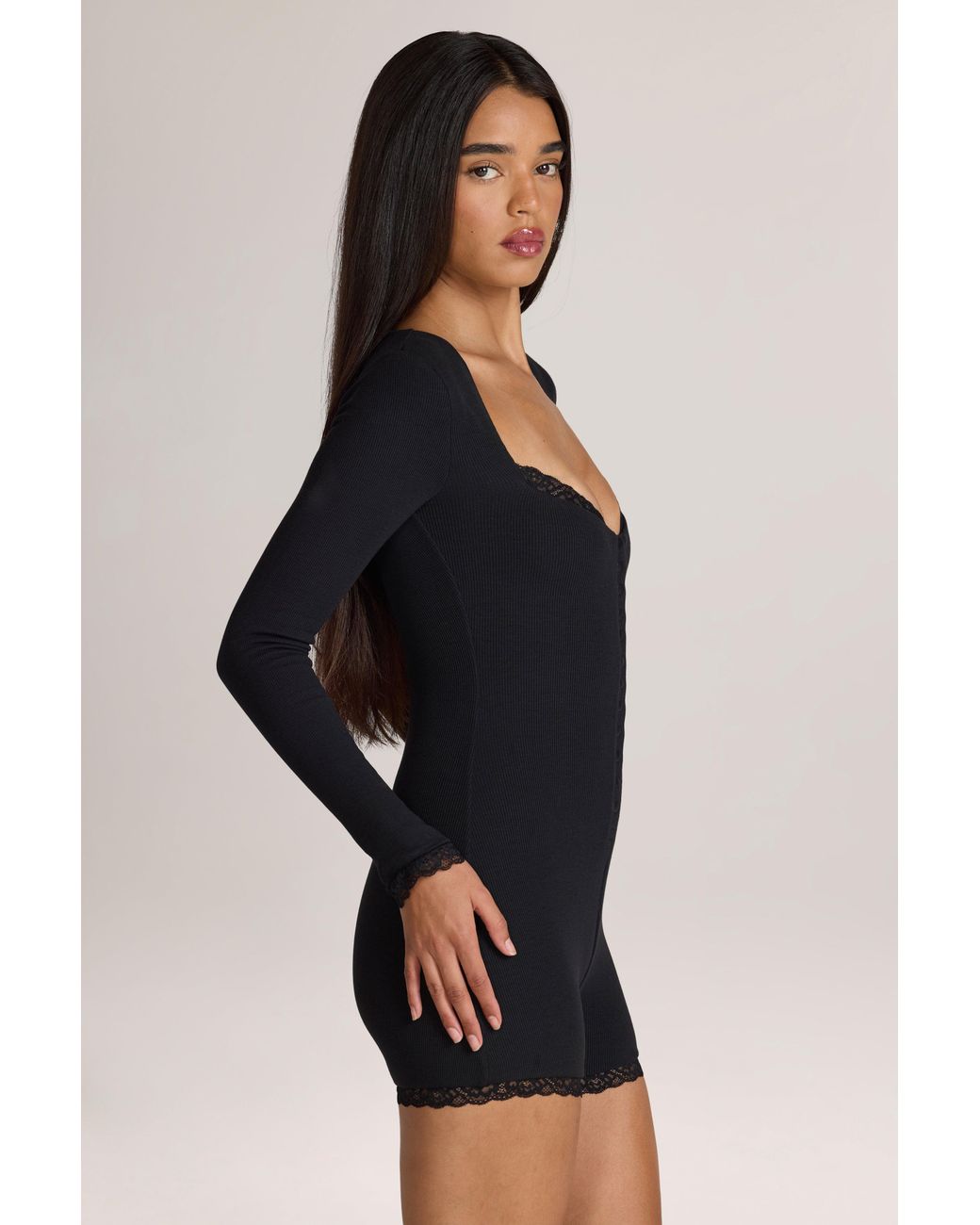 Oh Polly Black Ribbed Modal Lace-Trim Romper