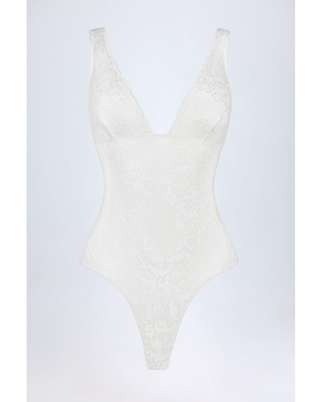 Oh Polly White Sheer Lace Scalloped Plunge-Neck Bodysuit