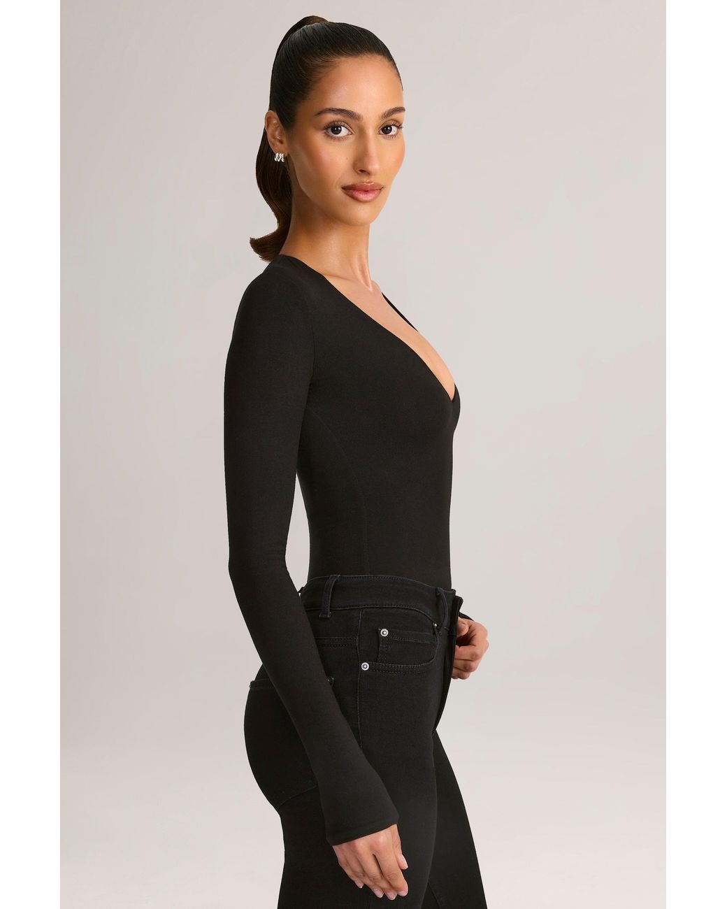Oh Polly Black Modal Plunge Long-Sleeve Bodysuit