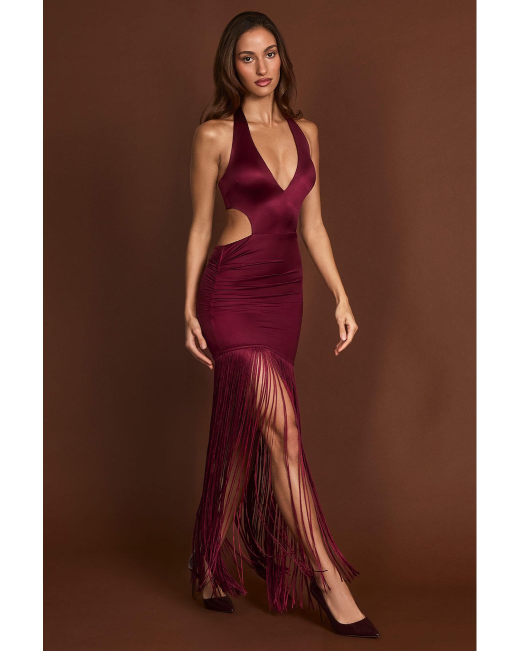 Oh Polly Red Fringed Plunge-Neck Maxi Dress