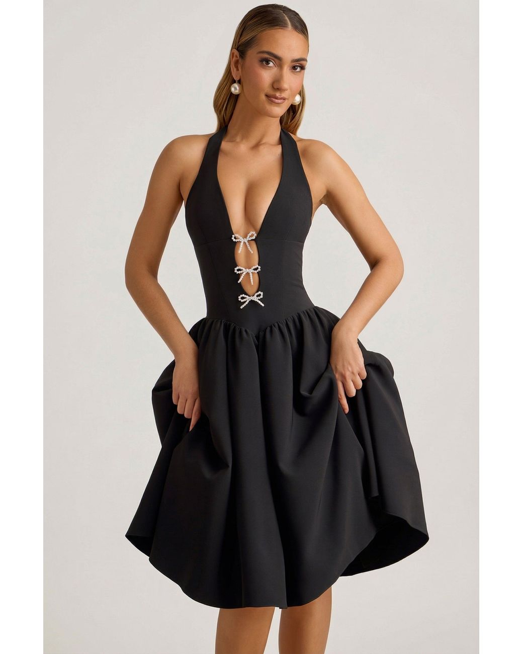 Oh Polly Black Halterneck Bow-Detail Midi Dress