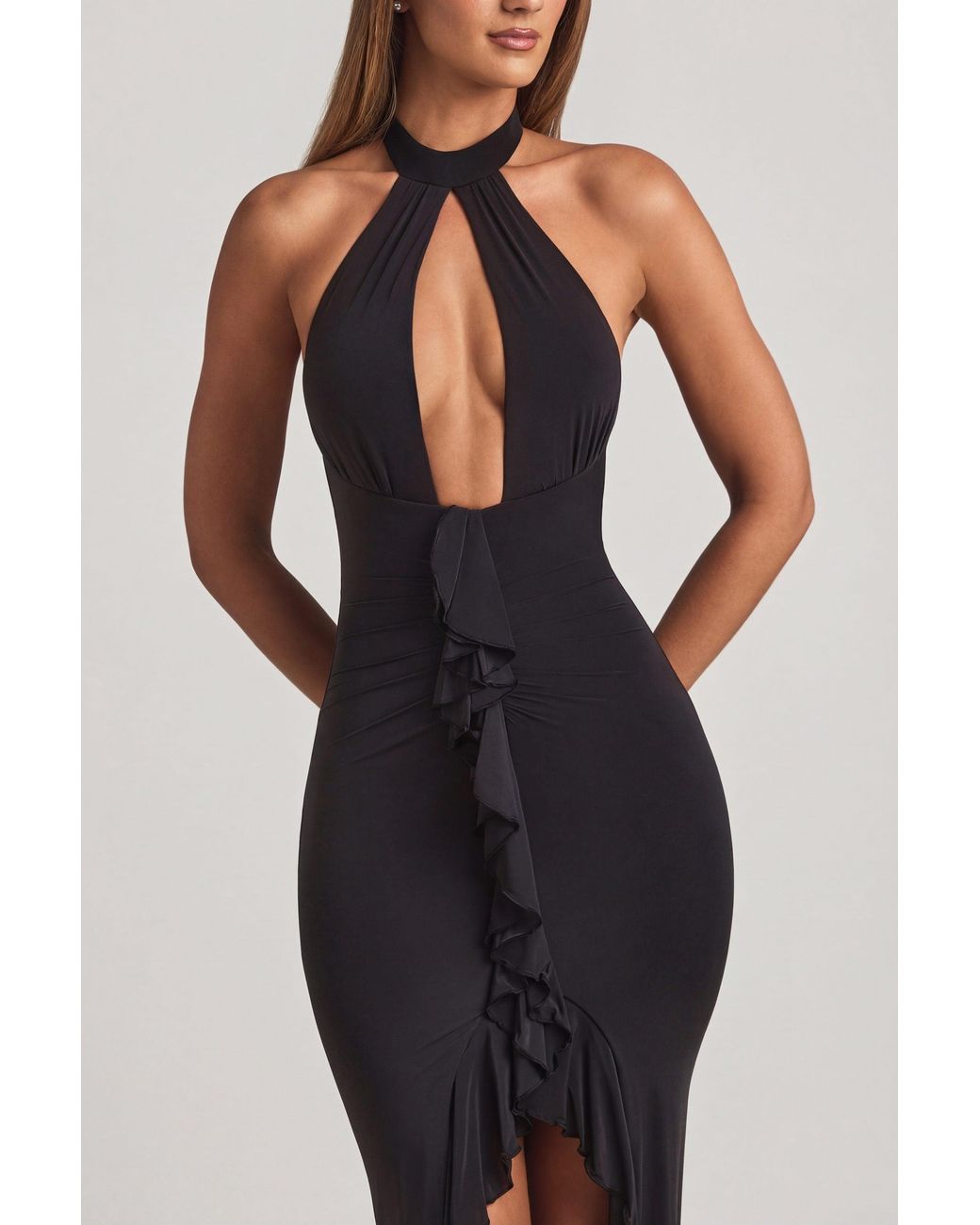 Oh Polly Black Ruffle-Trim Halterneck Gown