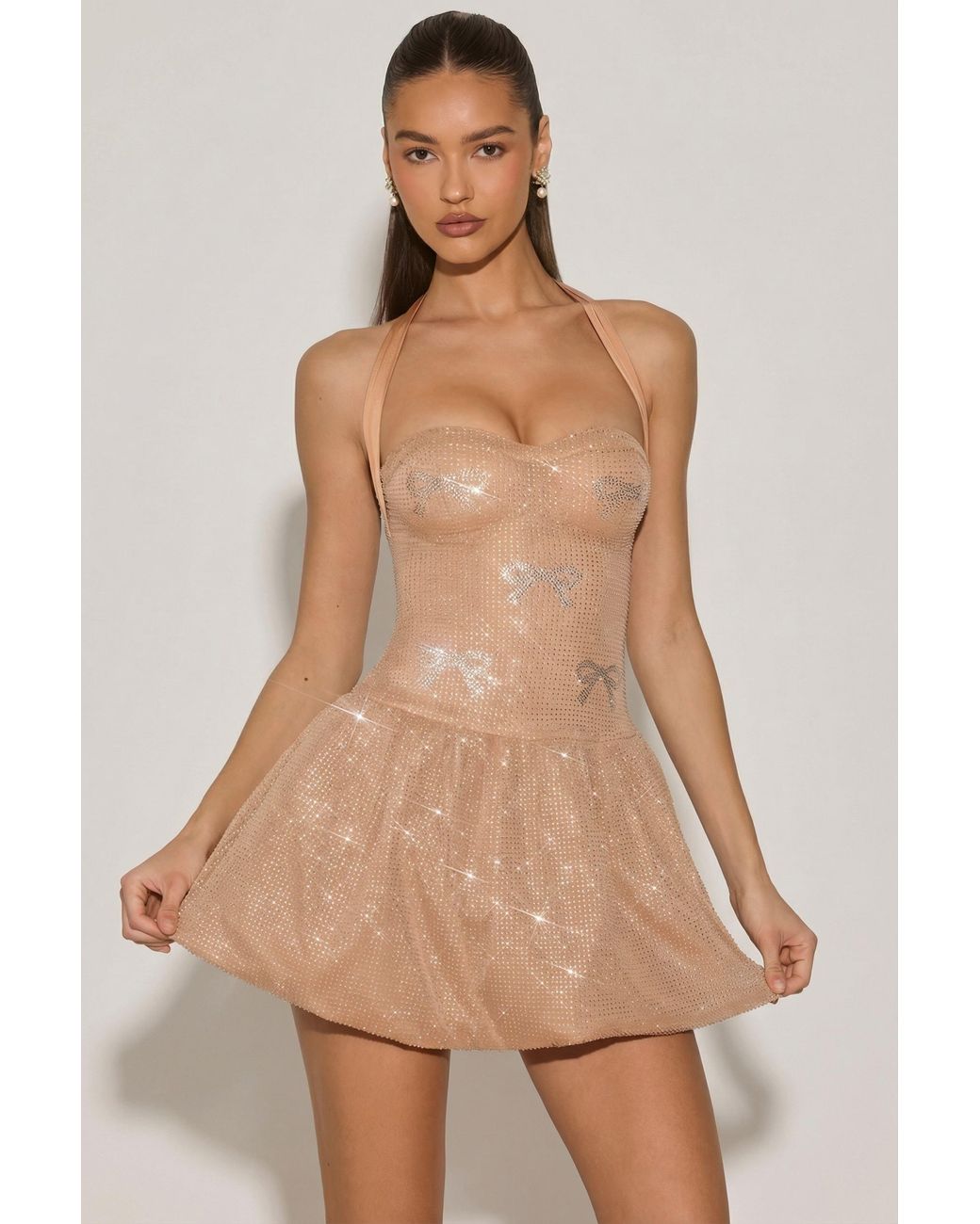 Oh Polly Natural Embellished Halterneck Bubble Hem Mini Dress