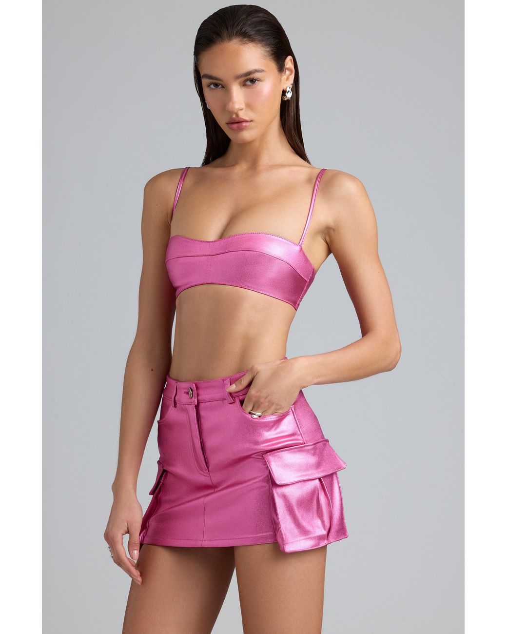 Oh Polly Pink Metallic Denim Mid-Rise Cargo Mini Skirt