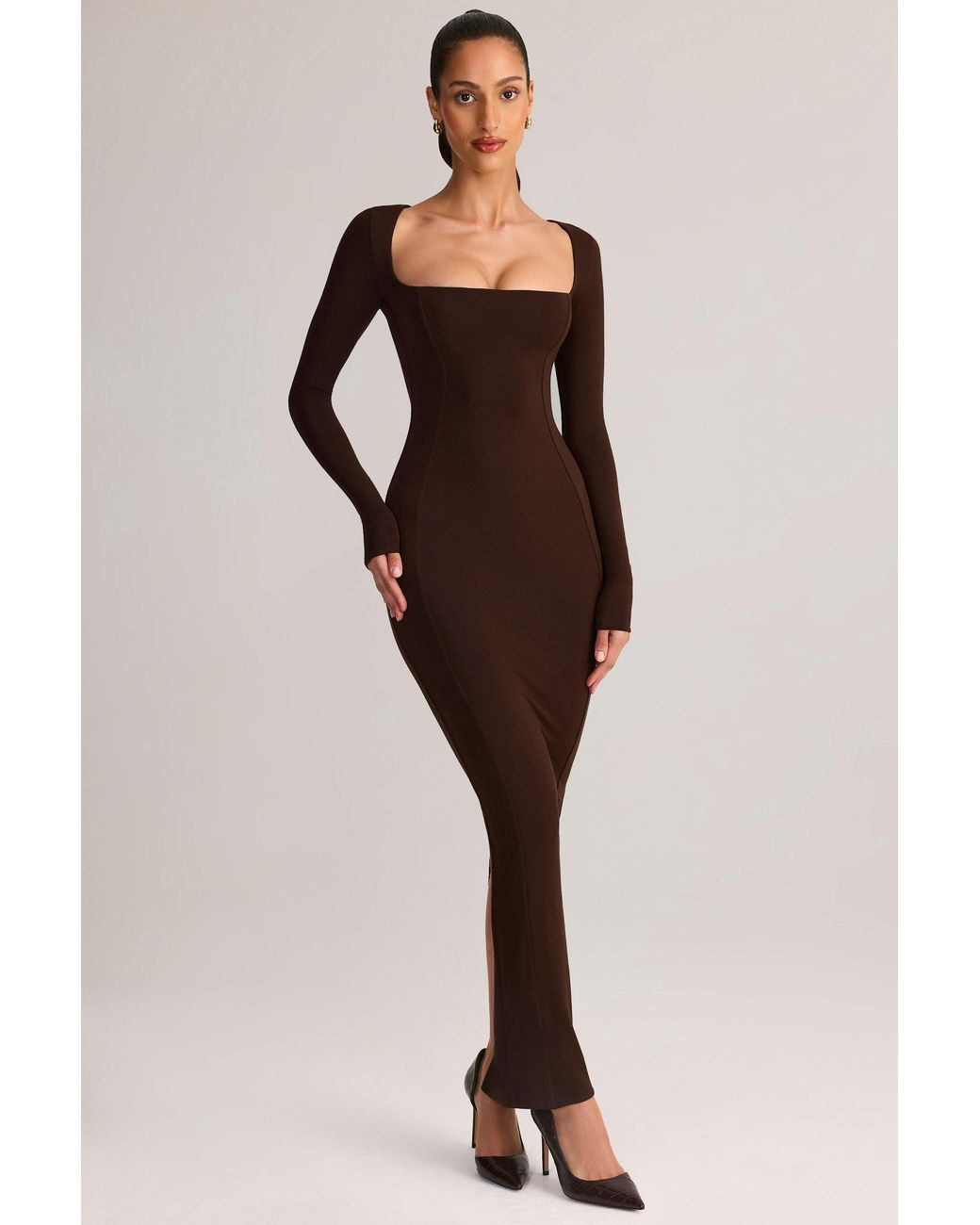 Oh Polly Brown Modal Square-Neck Bodycon Maxi Dress