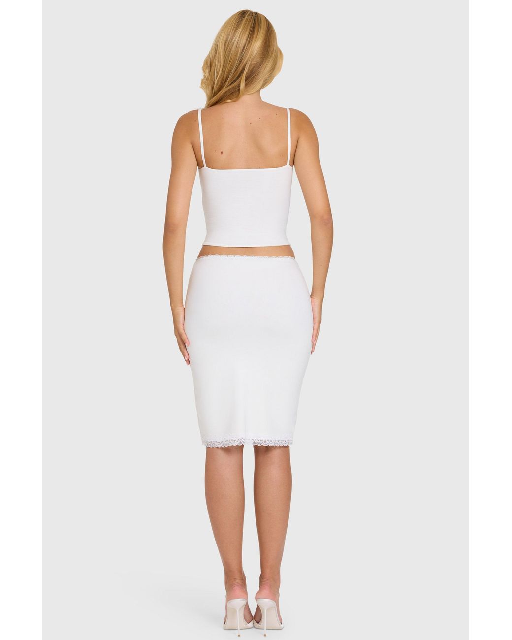 Oh Polly White Modal Lace-Trim Midi Skirt