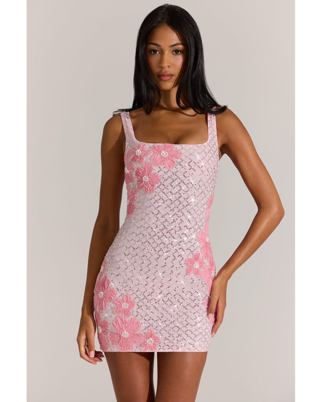 Oh Polly Pink Embellished Square-Neck Mini Dress