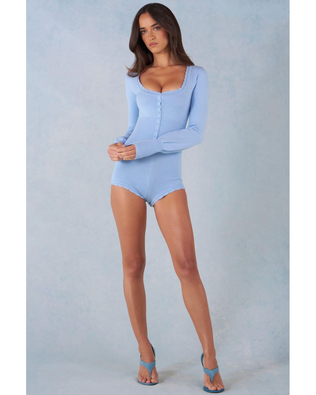 Oh Polly Blue Knit Long-Sleeve Romper