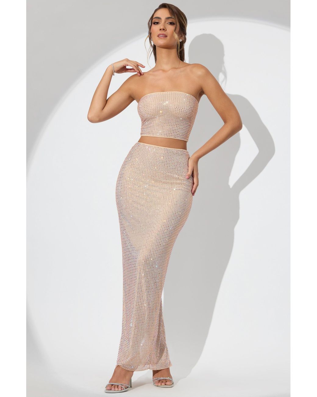 Oh Polly Natural Embellished Mid Rise Maxi Skirt