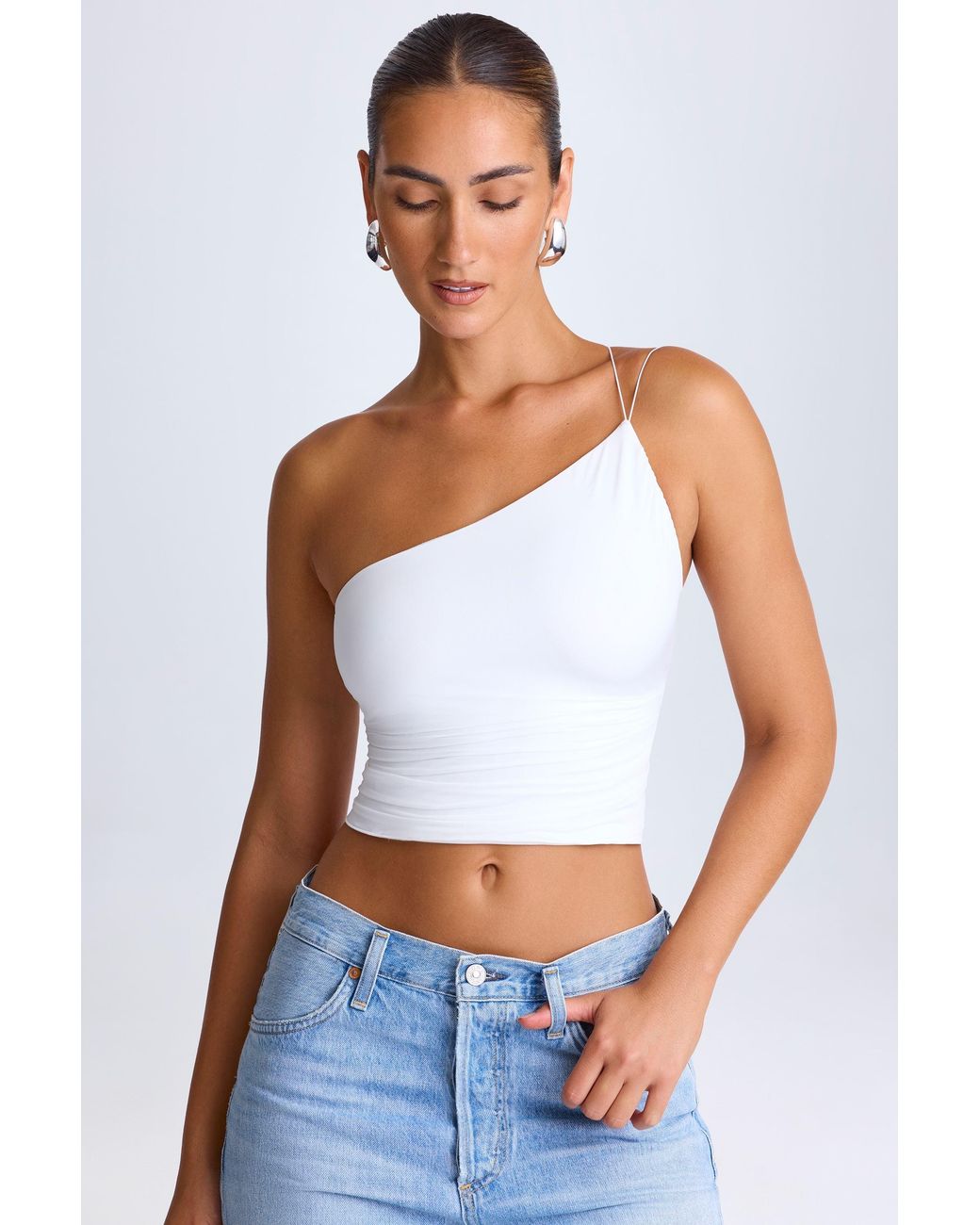 Oh Polly White One-Shoulder Lace-Up Top