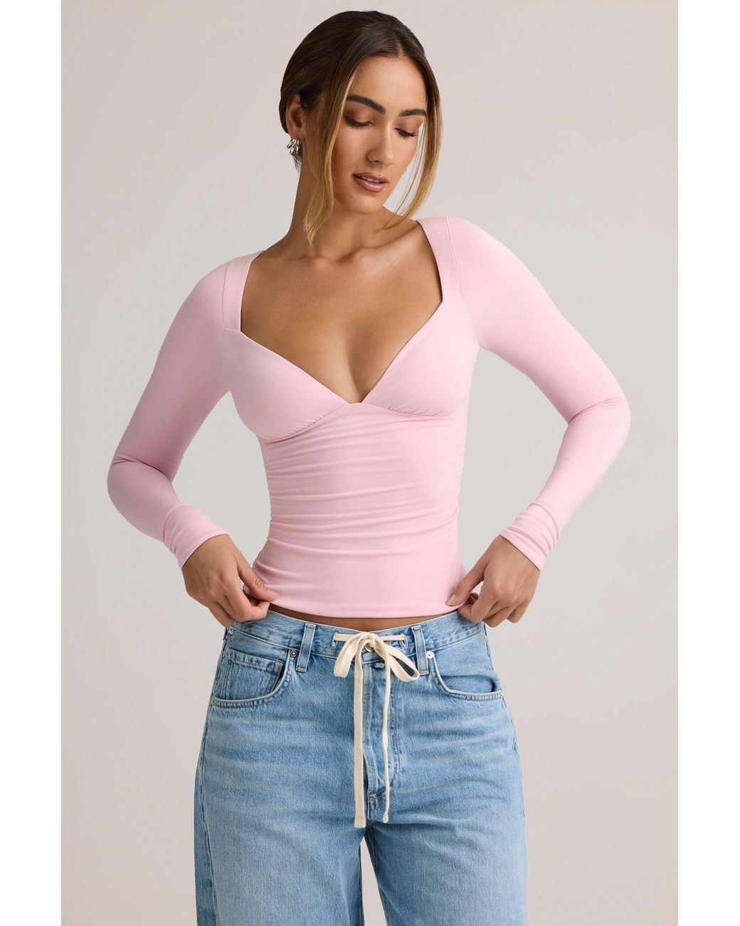 Oh Polly Pink Modal Ruched Long-Sleeve Top