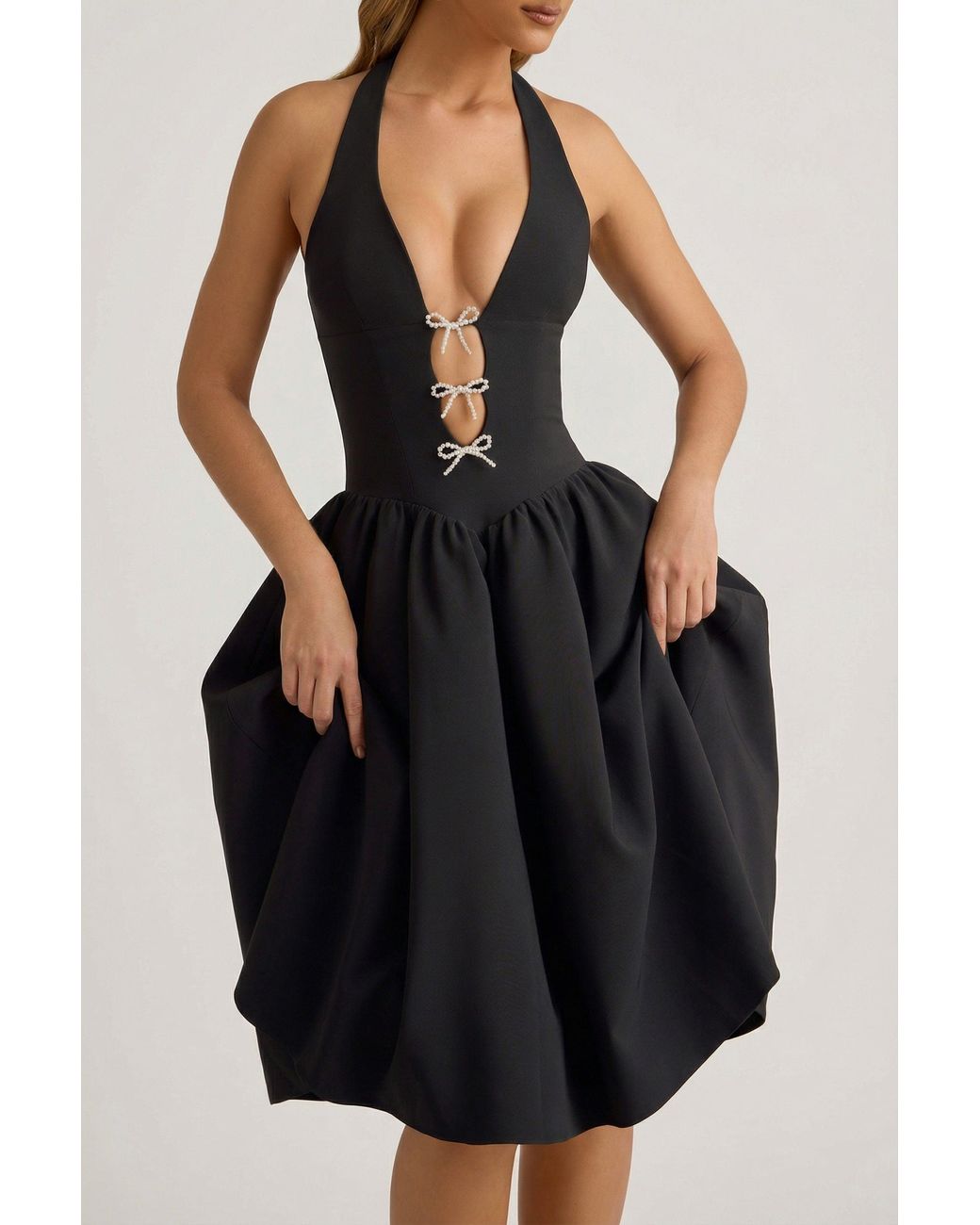 Oh Polly Black Halterneck Bow-Detail Midi Dress