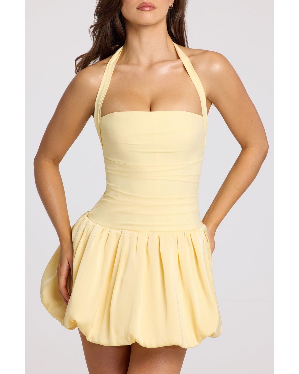 Oh Polly Yellow Halterneck Lace-Up Bubble Hem Corset Micro Mini Dress