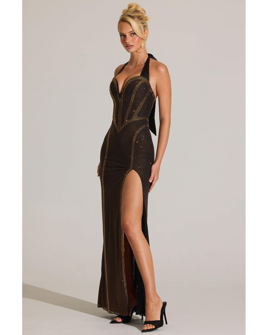 Oh Polly Multicolor Embellished Halterneck Maxi Dress