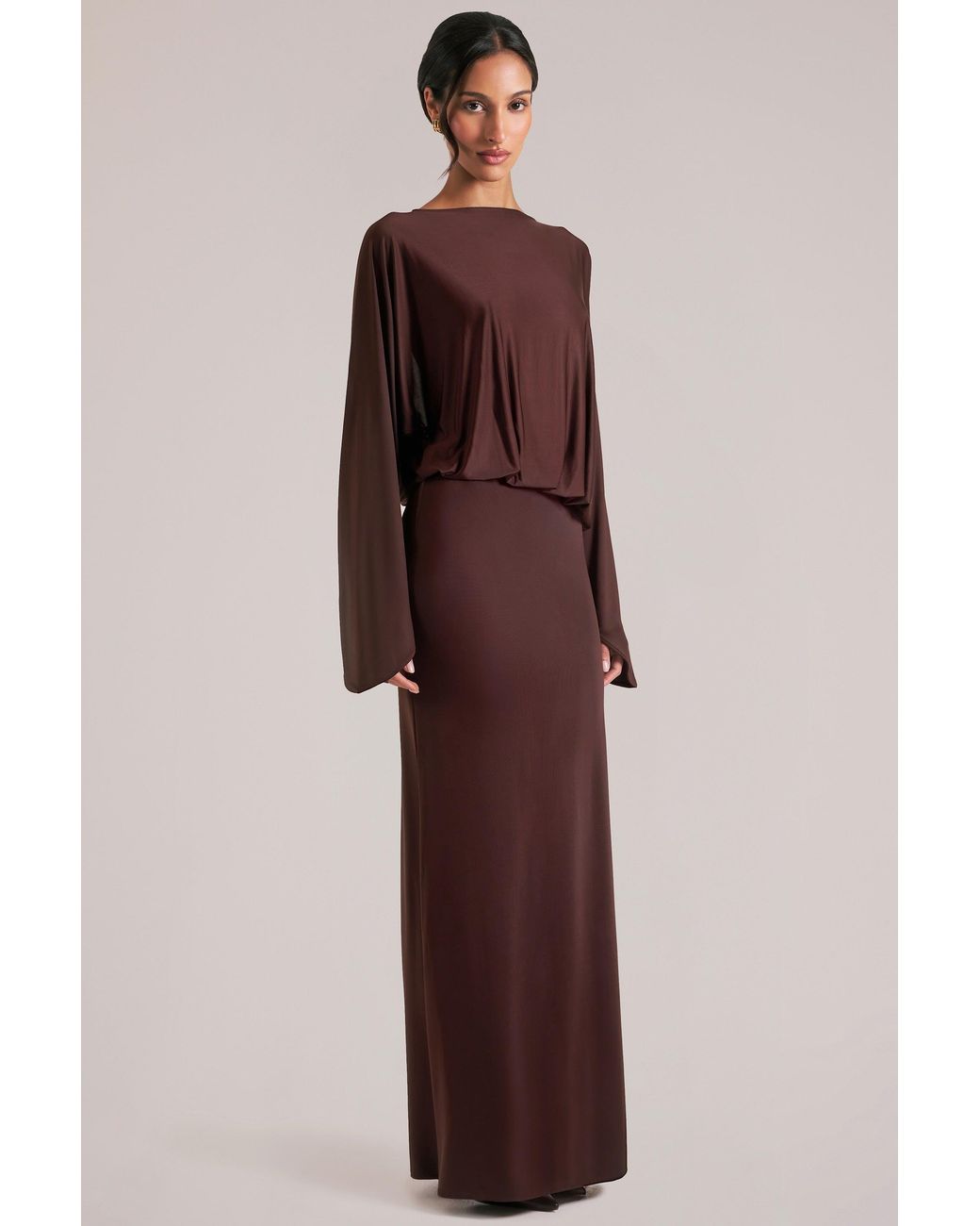 Oh Polly Brown Long-Sleeve Draped Maxi Dress