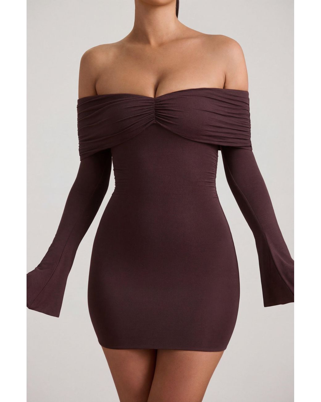 Oh Polly Brown Modal-Cashmere Blend Off-Shoulder Ruched Mini Dress
